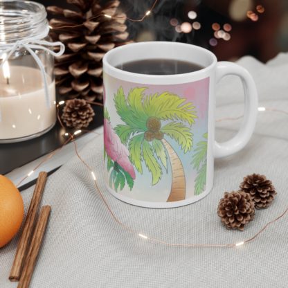 Flamingo Love Coconuts Palm Trees Art Ceramic Mug 11oz - Image 4